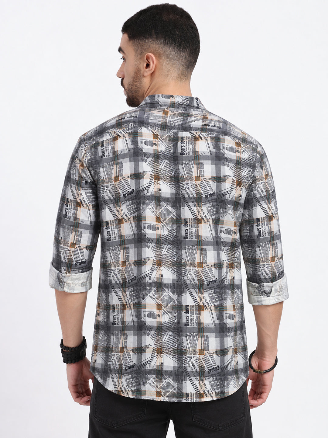 Men’s Typography Printed Grey Slim Fit Long Sleeves Casual Shirt