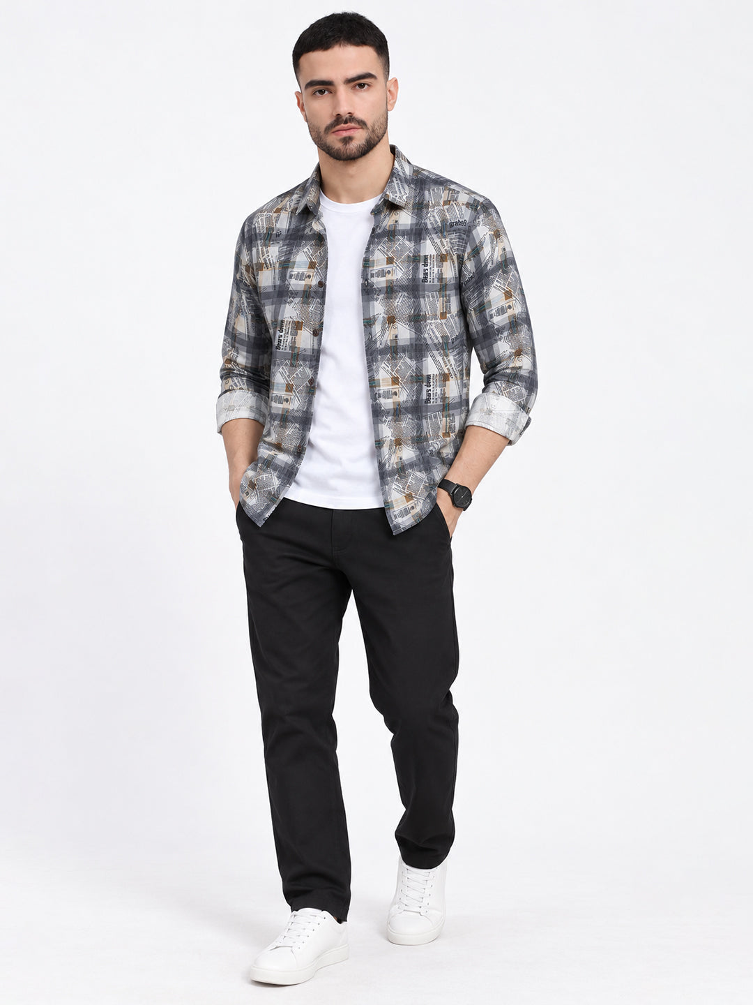 Men’s Typography Printed Grey Slim Fit Long Sleeves Casual Shirt