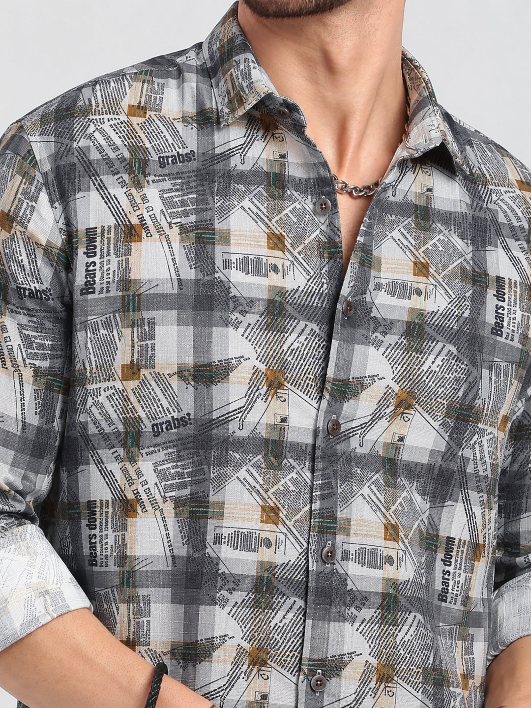Men’s Typography Printed Grey Slim Fit Long Sleeves Casual Shirt