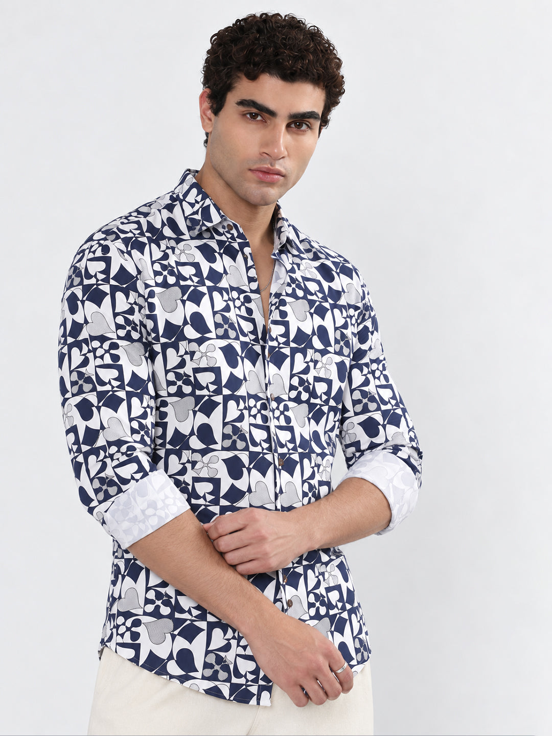Men’s Abstract Printed White Slim Fit Long Sleeves Casual Shirt