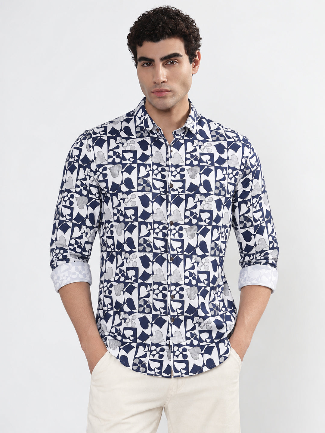 Men’s Abstract Printed White Slim Fit Long Sleeves Casual Shirt