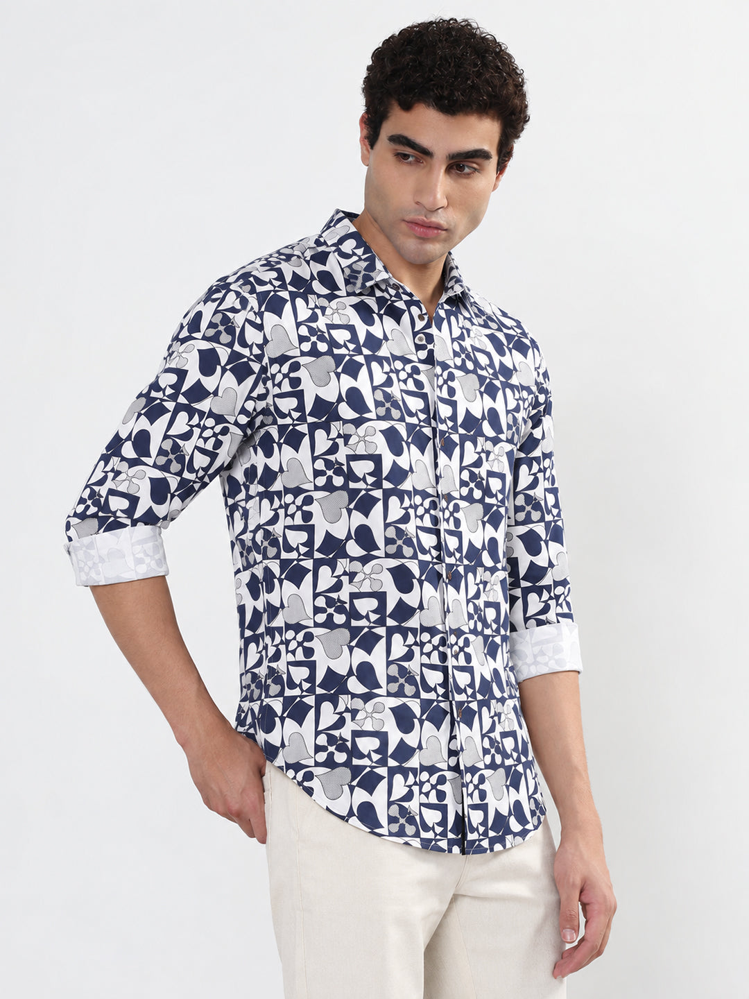 Men’s Abstract Printed White Slim Fit Long Sleeves Casual Shirt