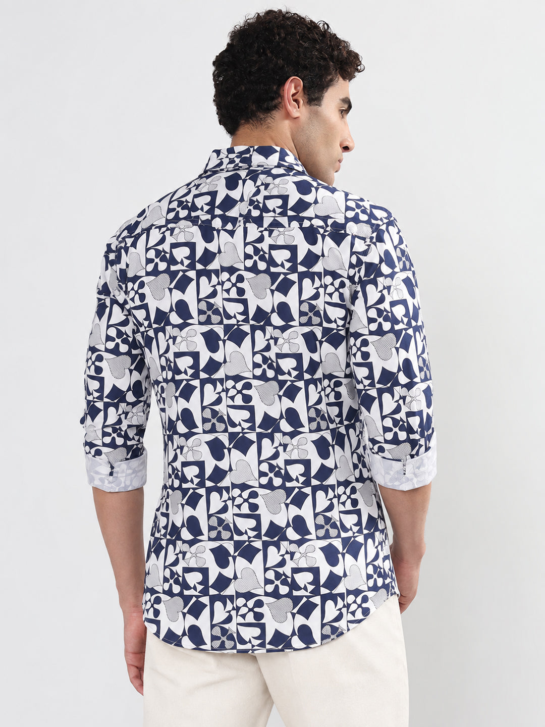 Men’s Abstract Printed White Slim Fit Long Sleeves Casual Shirt