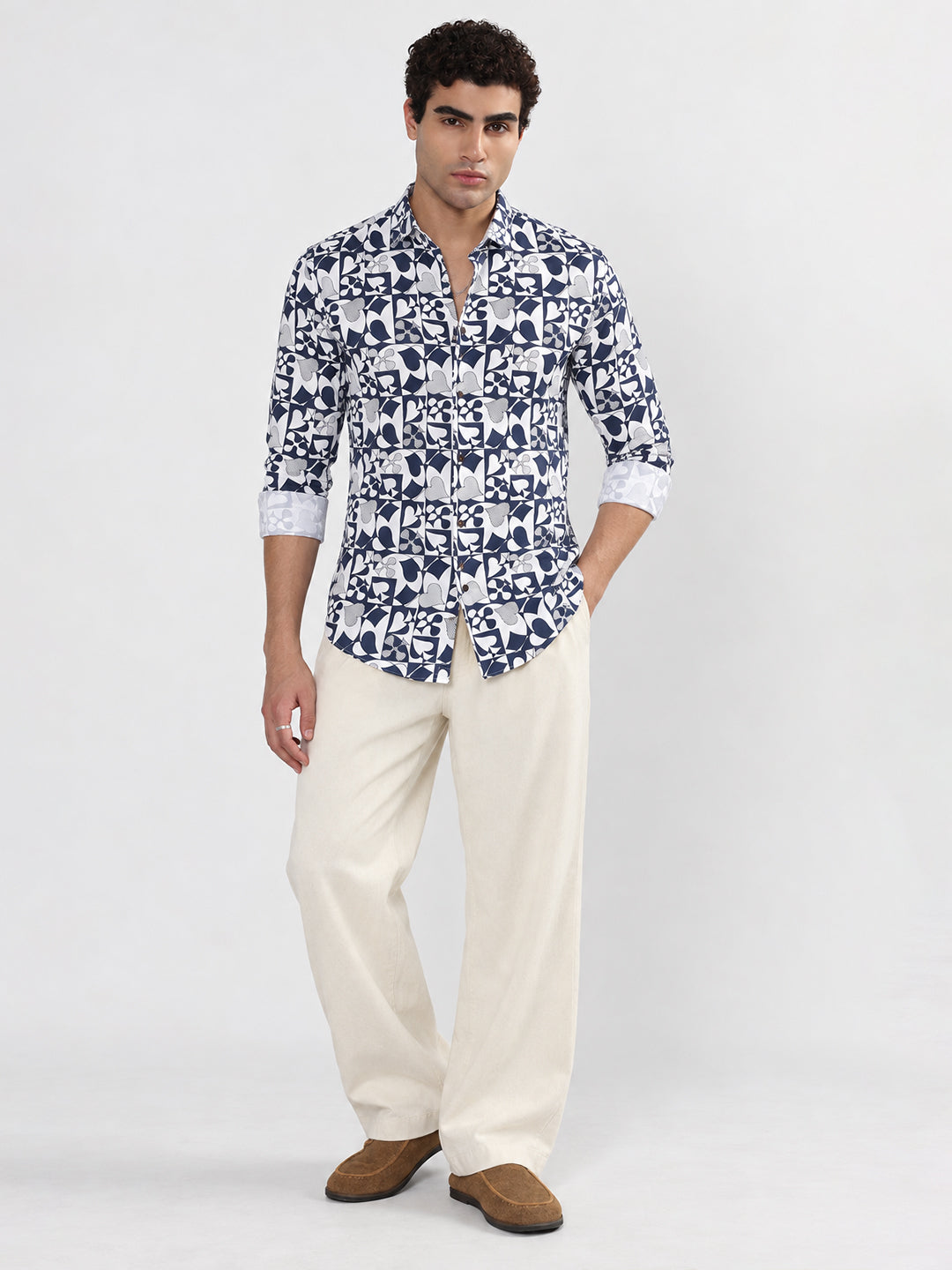 Men’s Abstract Printed White Slim Fit Long Sleeves Casual Shirt