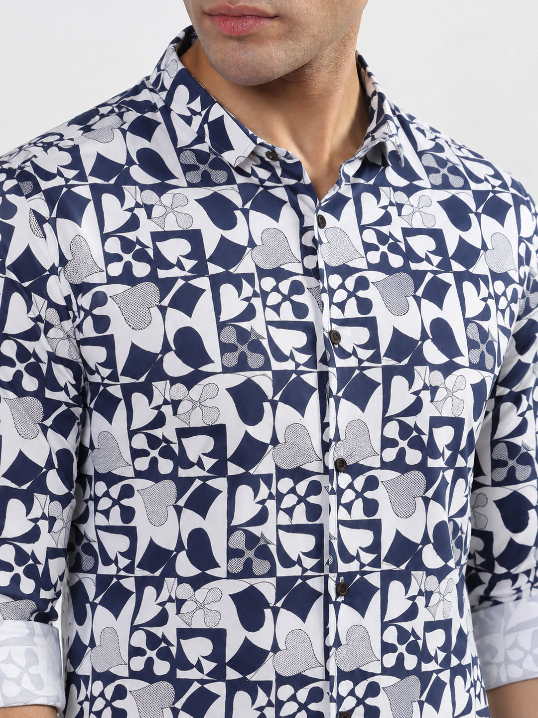 Men’s Abstract Printed White Slim Fit Long Sleeves Casual Shirt