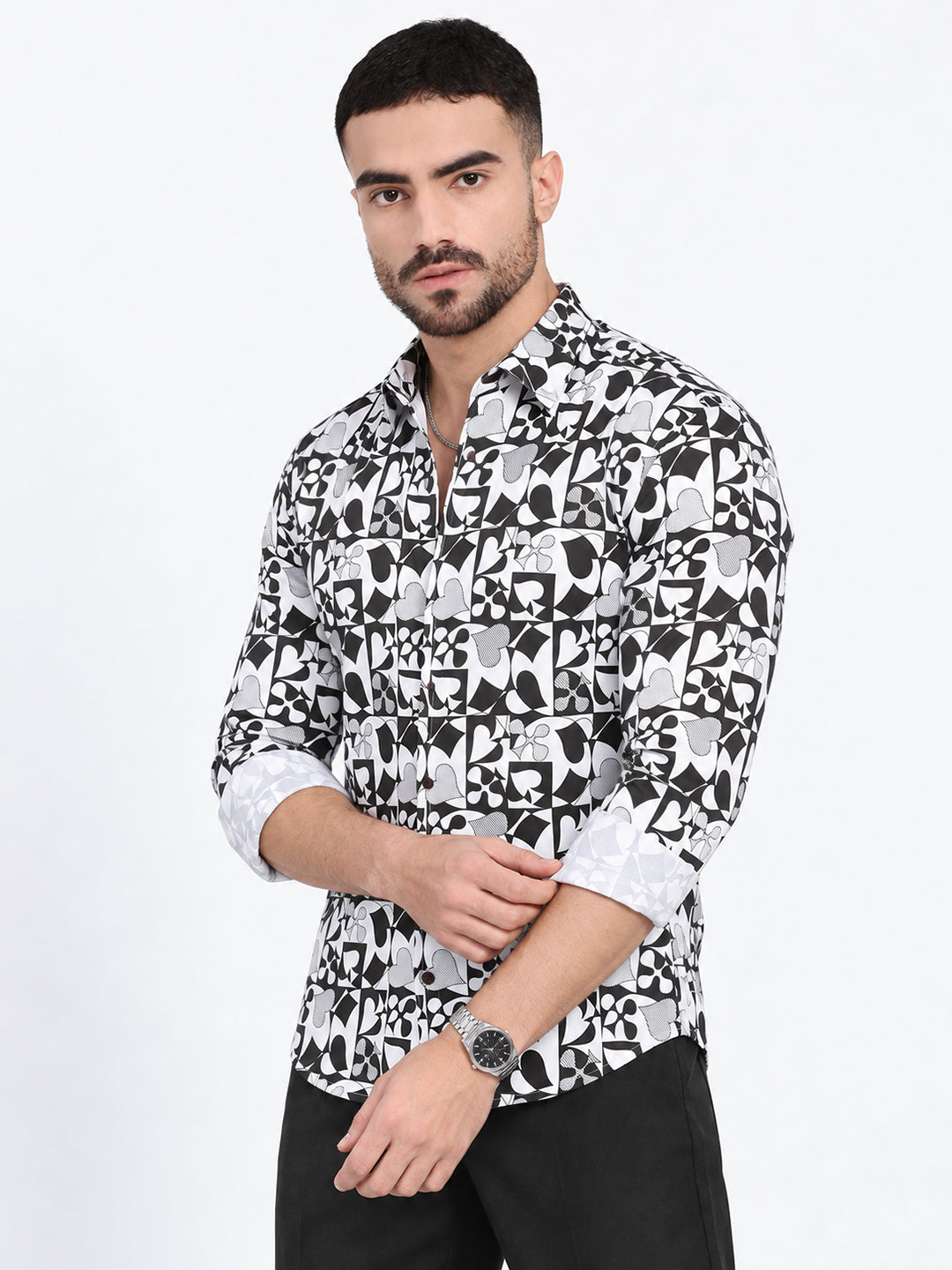 Men’s Graphic Printed White Slim Fit Long Sleeves Casual Shirt