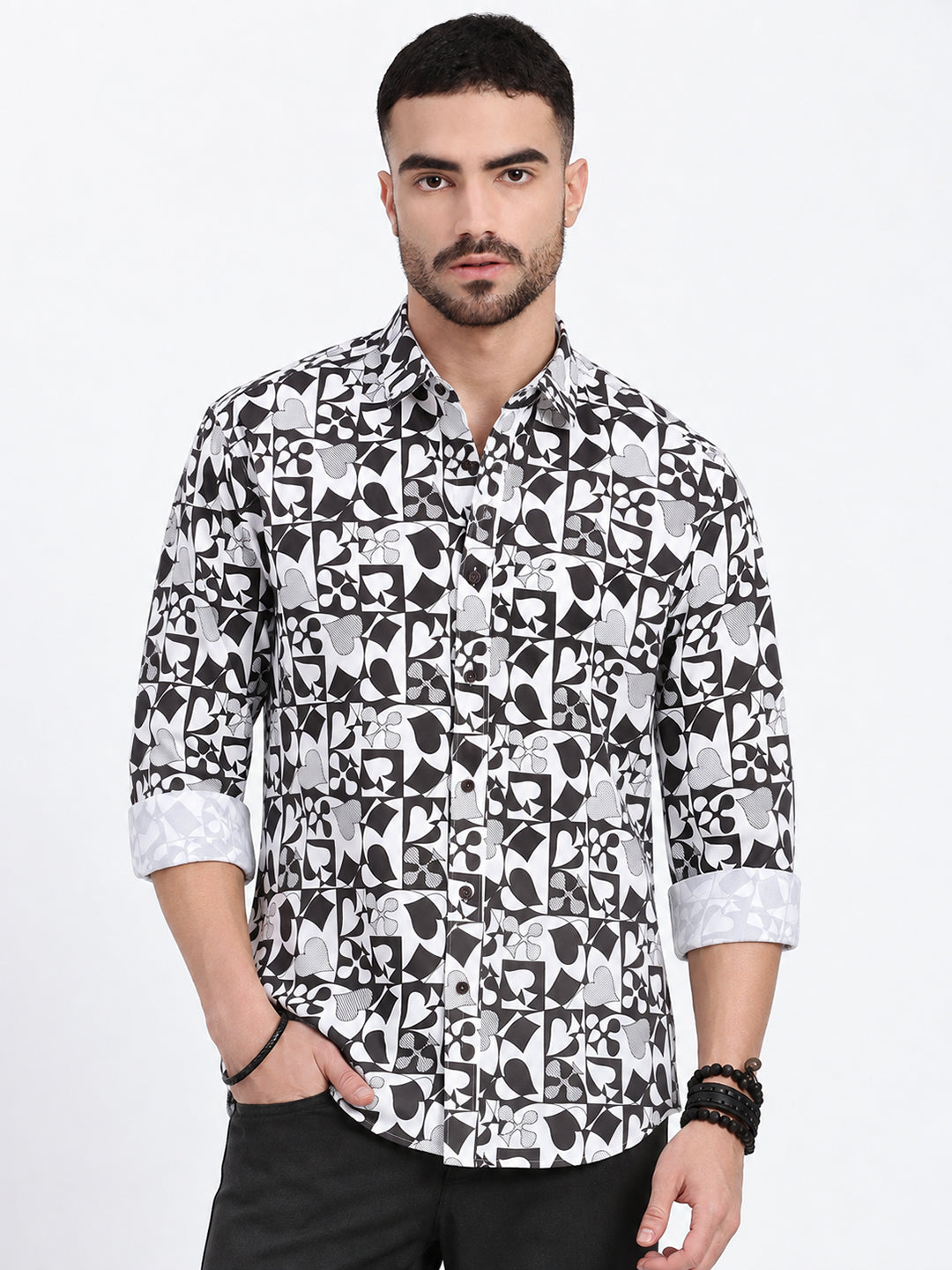 Men’s Graphic Printed White Slim Fit Long Sleeves Casual Shirt