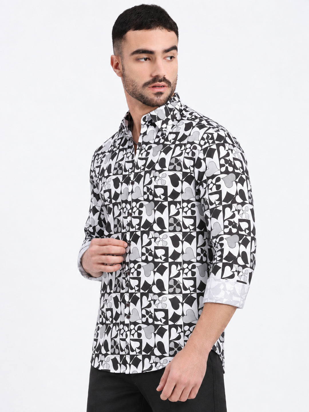 Men’s Graphic Printed White Slim Fit Long Sleeves Casual Shirt