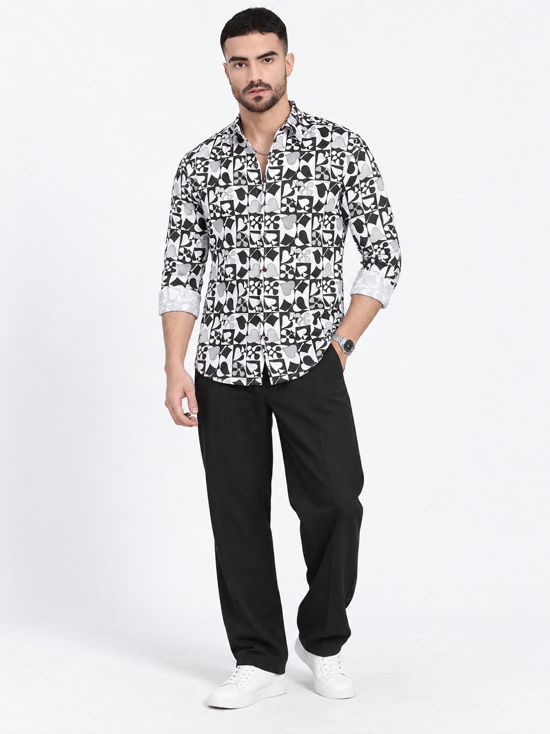 Men’s Graphic Printed White Slim Fit Long Sleeves Casual Shirt