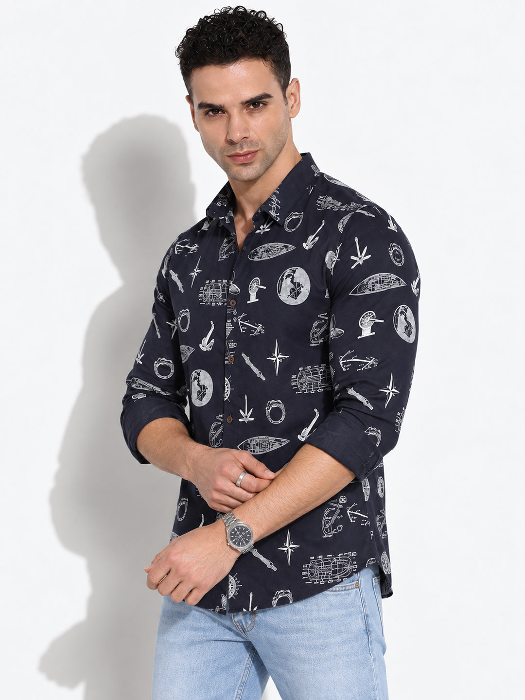 Men’s Graphic Printed Navy Blue Slim Fit Long Sleeves Casual Shirt