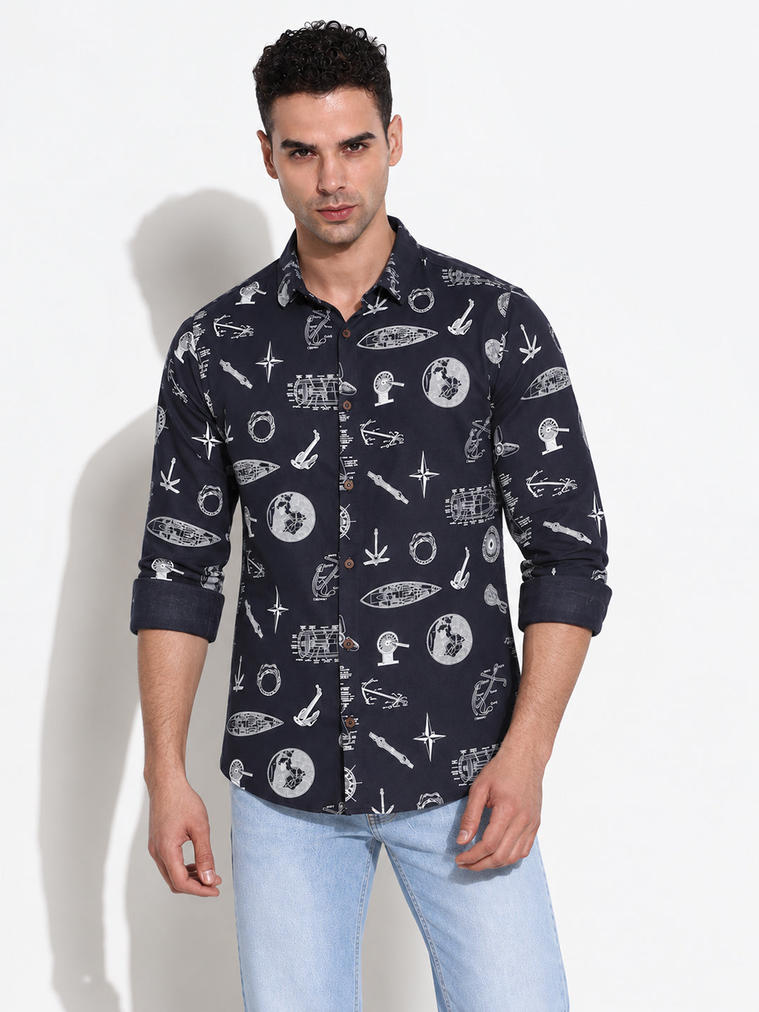 Men’s Graphic Printed Navy Blue Slim Fit Long Sleeves Casual Shirt