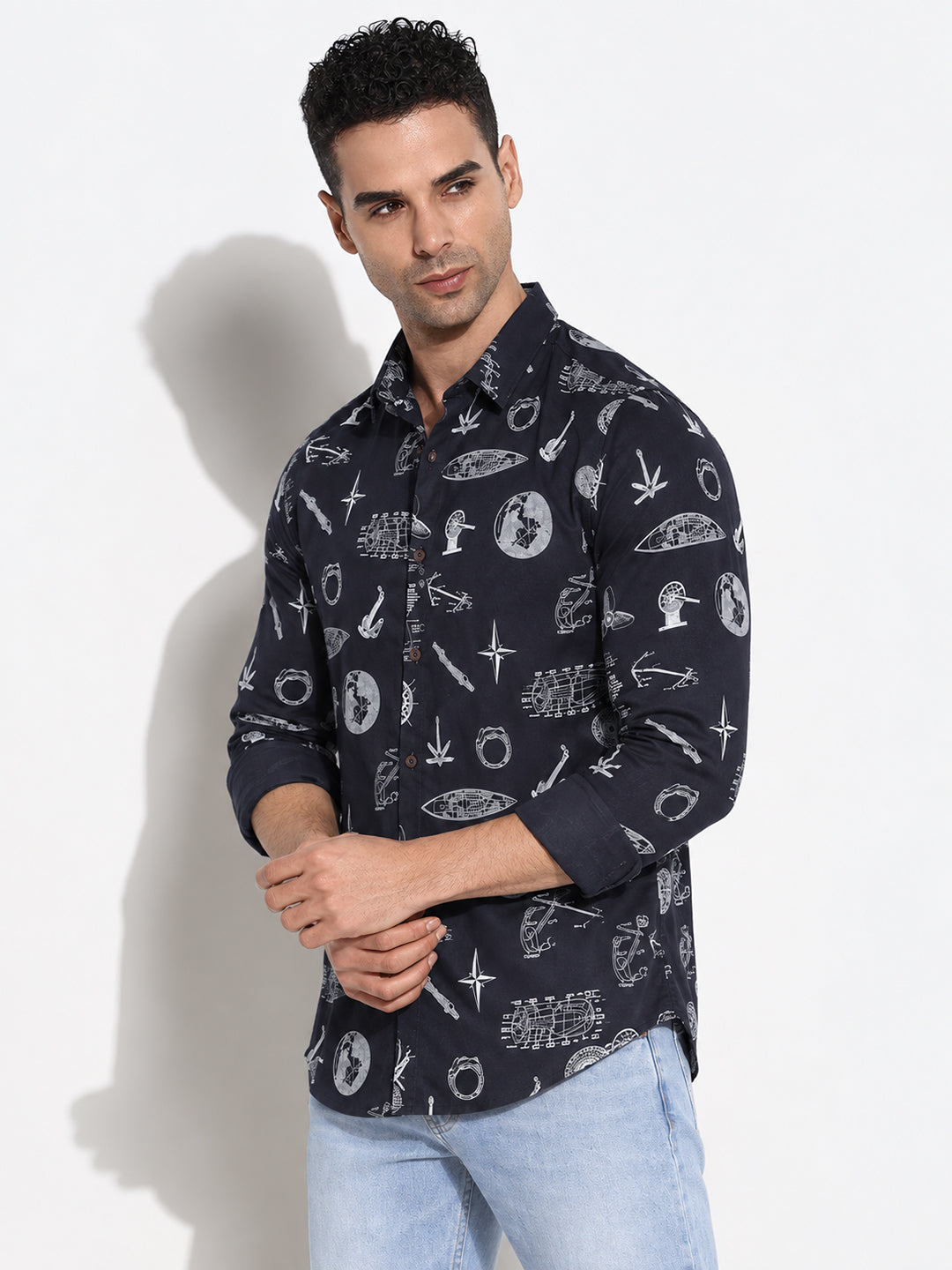 Men’s Graphic Printed Navy Blue Slim Fit Long Sleeves Casual Shirt