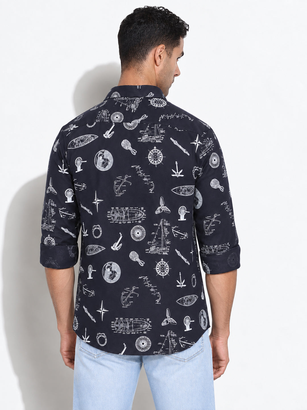 Men’s Graphic Printed Navy Blue Slim Fit Long Sleeves Casual Shirt