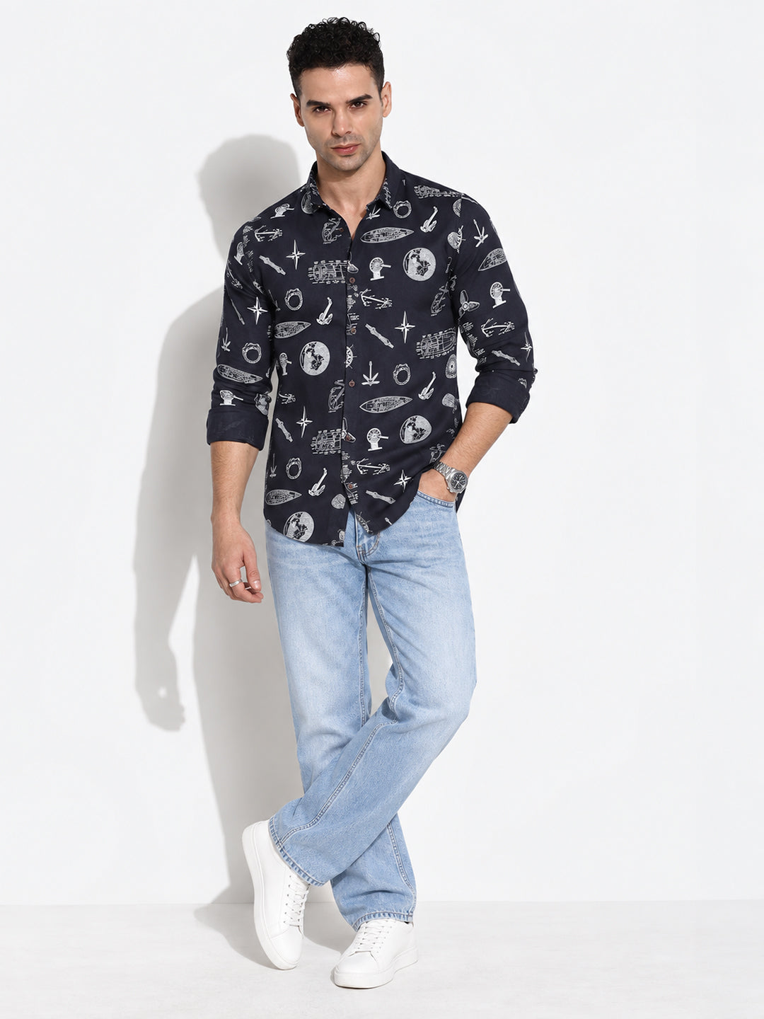 Men’s Graphic Printed Navy Blue Slim Fit Long Sleeves Casual Shirt