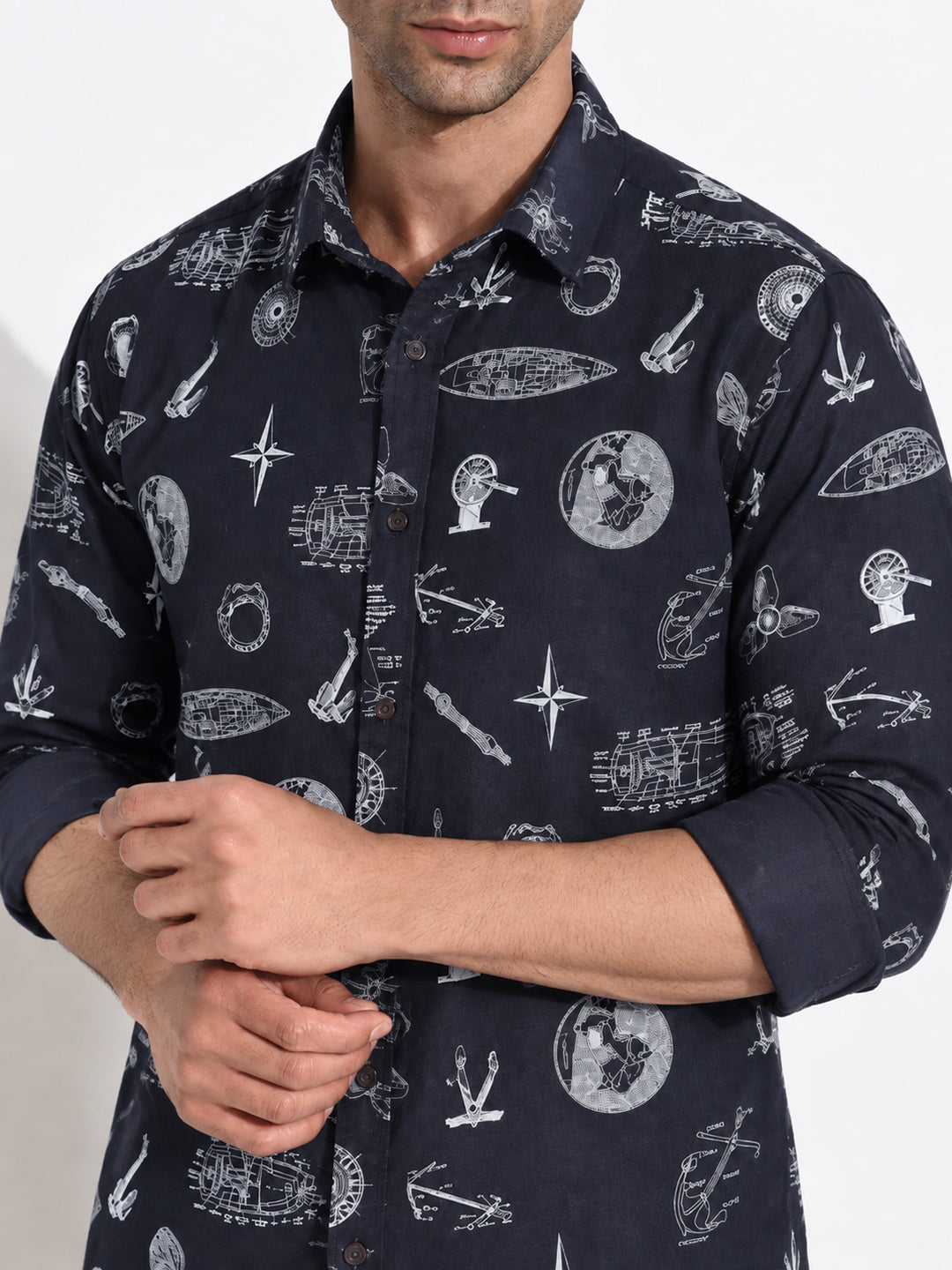 Men’s Graphic Printed Navy Blue Slim Fit Long Sleeves Casual Shirt