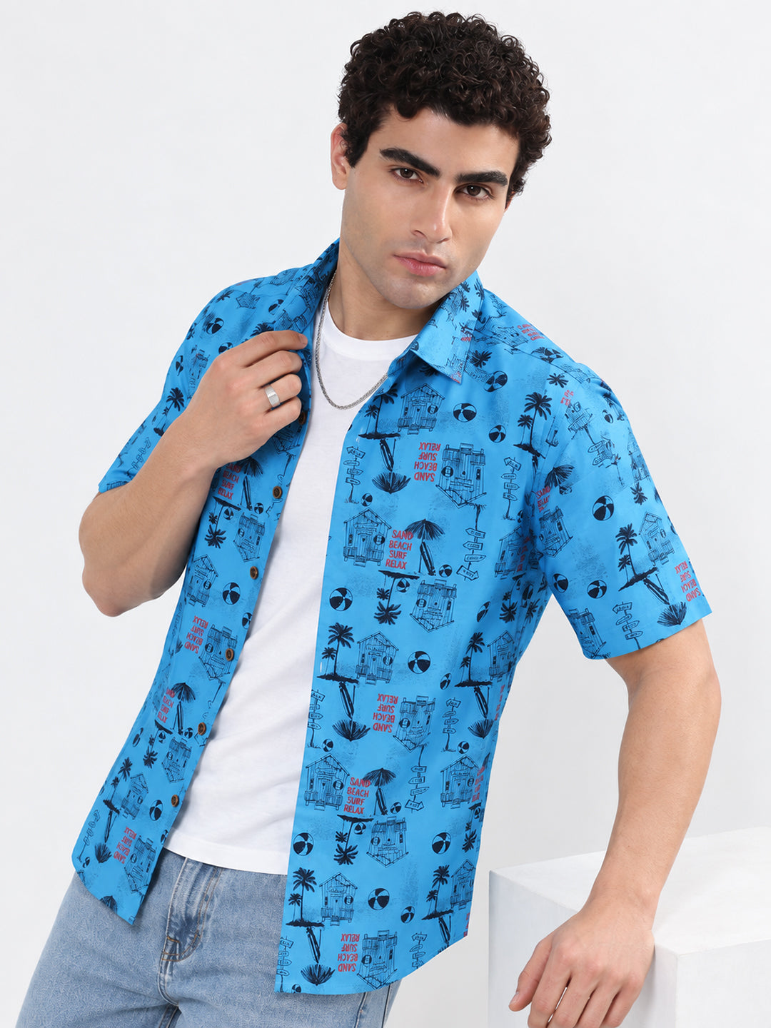 Men’s Graphic Printed Blue Regular Fit Short Sleeves Casual Shirt