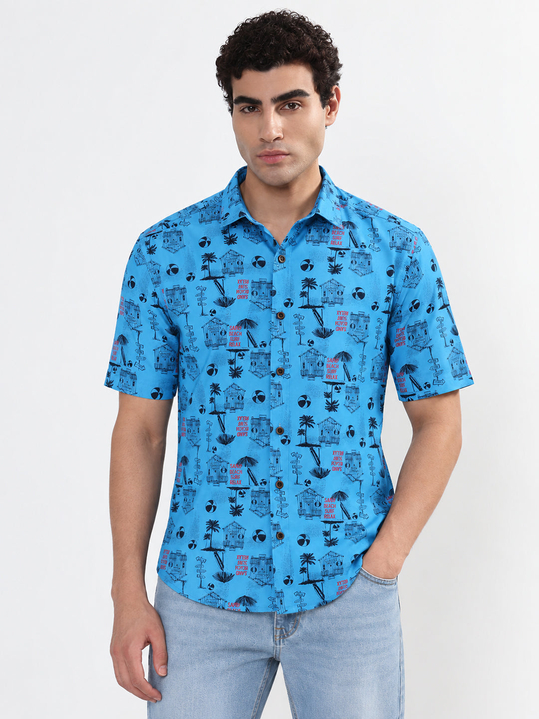 Men’s Graphic Printed Blue Regular Fit Short Sleeves Casual Shirt