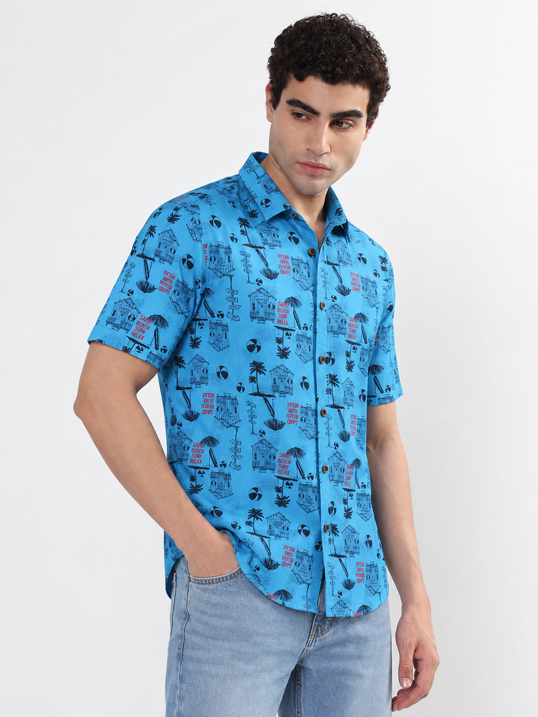 Men’s Graphic Printed Blue Regular Fit Short Sleeves Casual Shirt