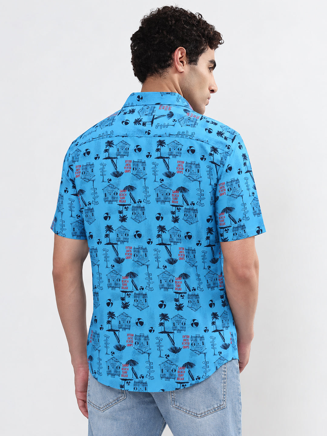 Men’s Graphic Printed Blue Regular Fit Short Sleeves Casual Shirt