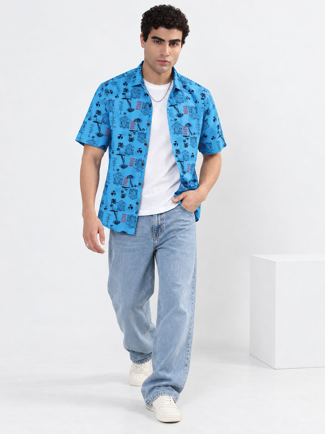 Men’s Graphic Printed Blue Regular Fit Short Sleeves Casual Shirt