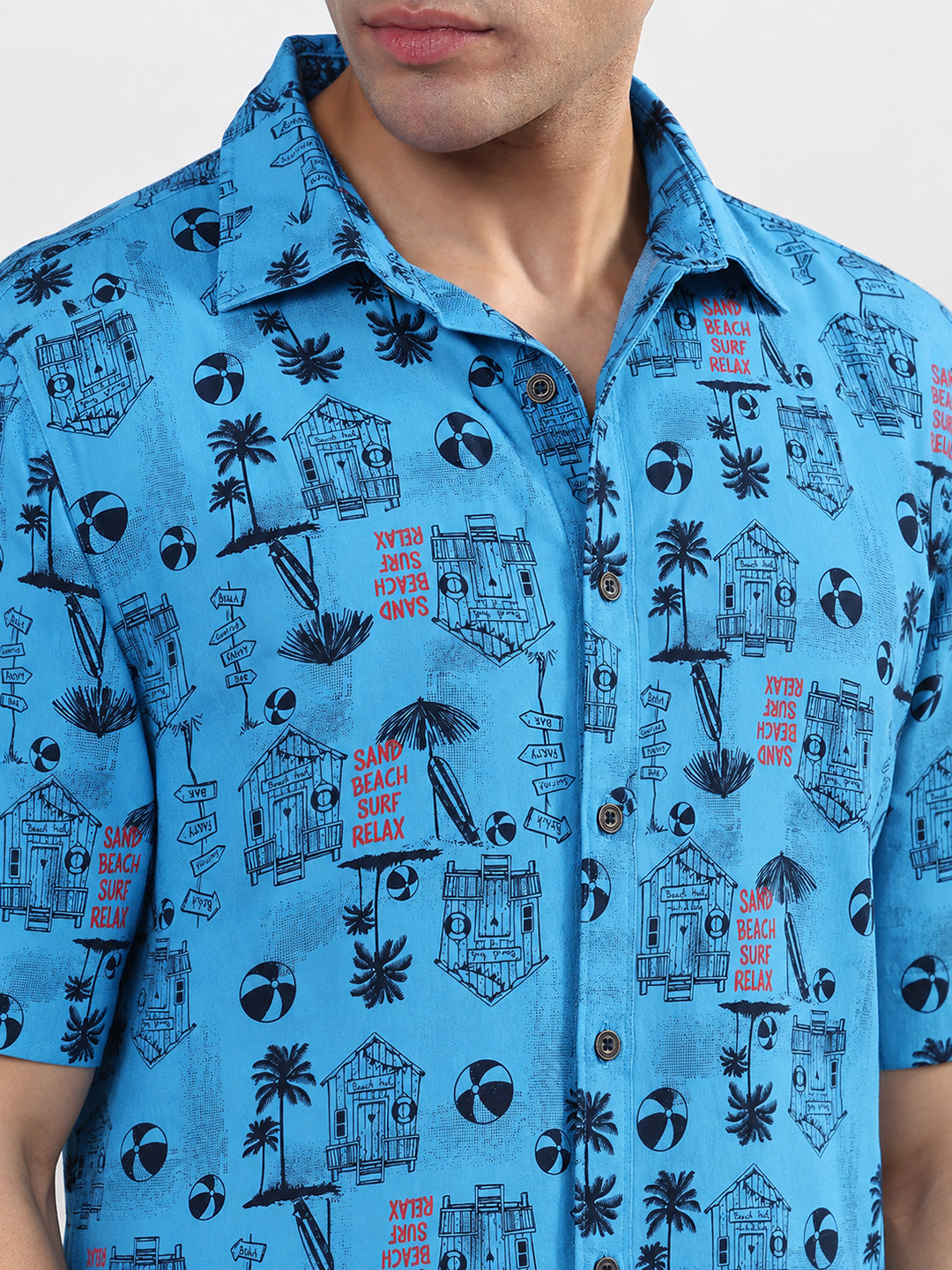 Men’s Graphic Printed Blue Regular Fit Short Sleeves Casual Shirt