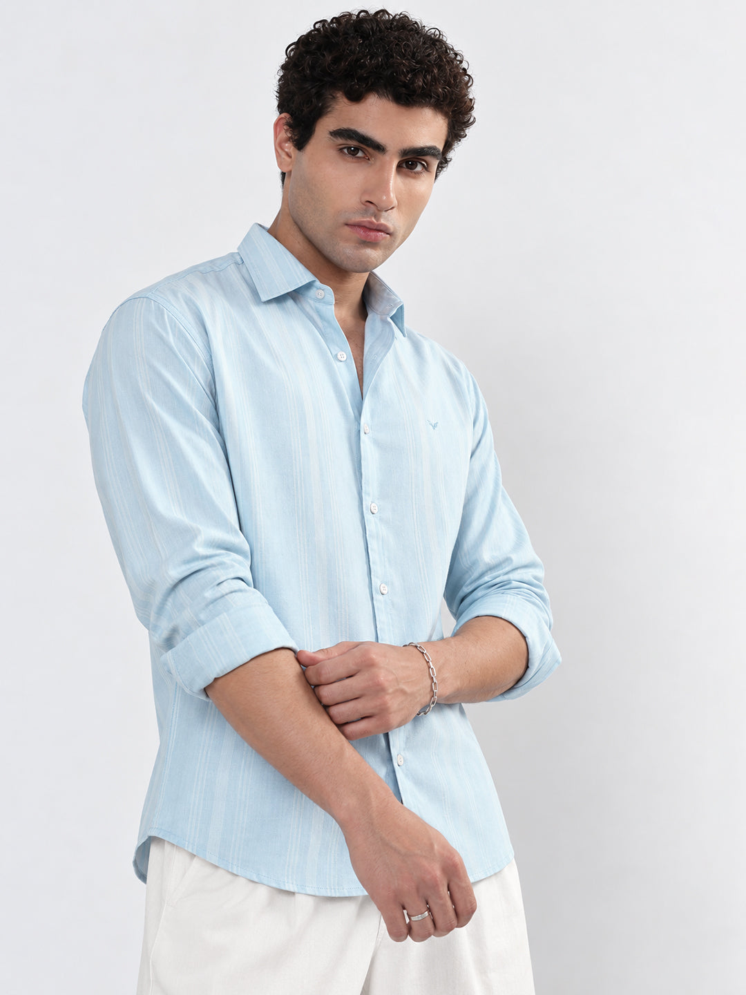 Men’s Vertical Striped Blue Slim Fit Long Sleeves Shirt