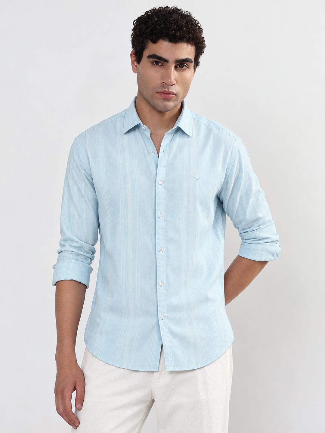 Men’s Vertical Striped Blue Slim Fit Long Sleeves Shirt