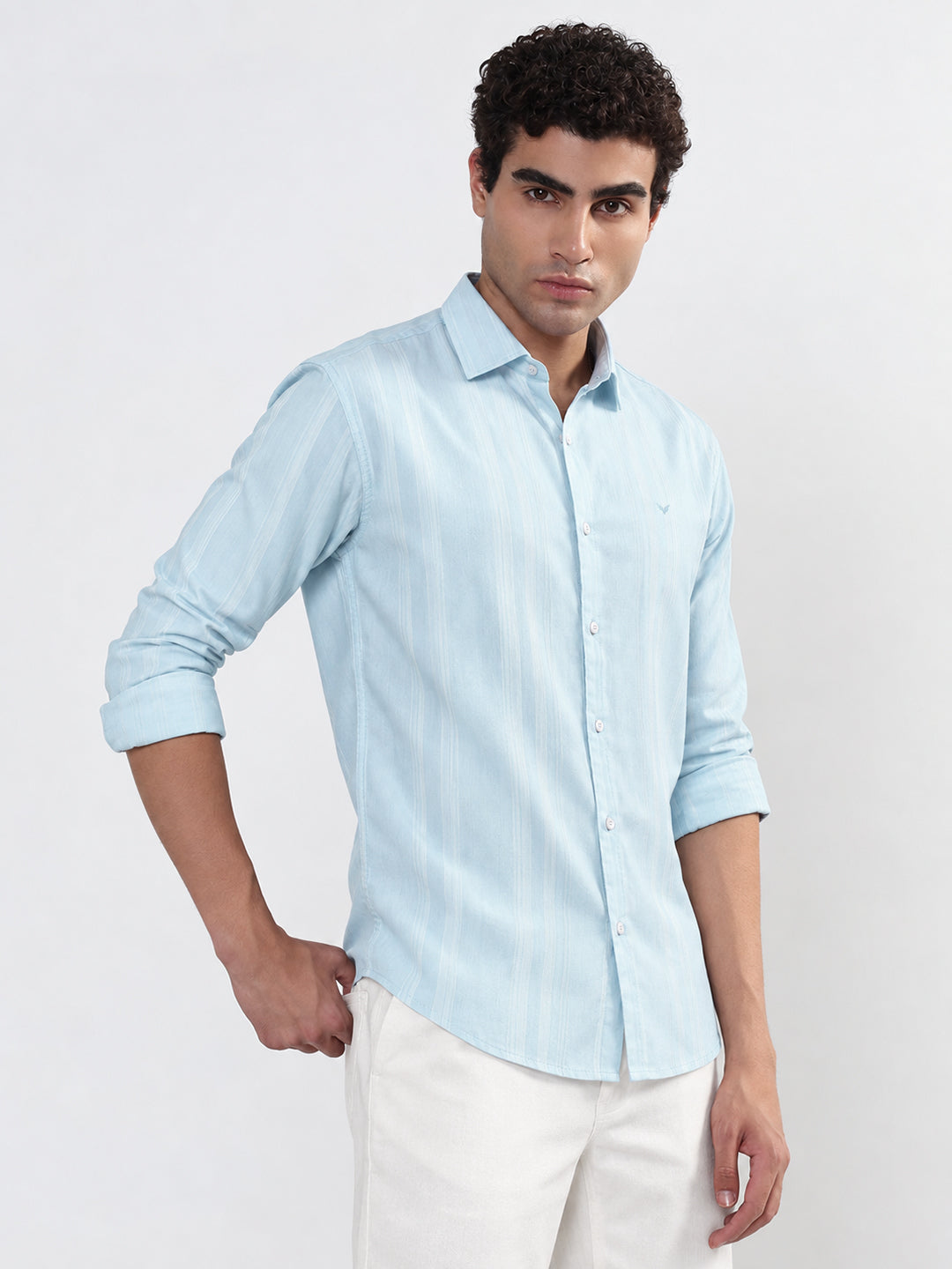 Men’s Vertical Striped Blue Slim Fit Long Sleeves Shirt