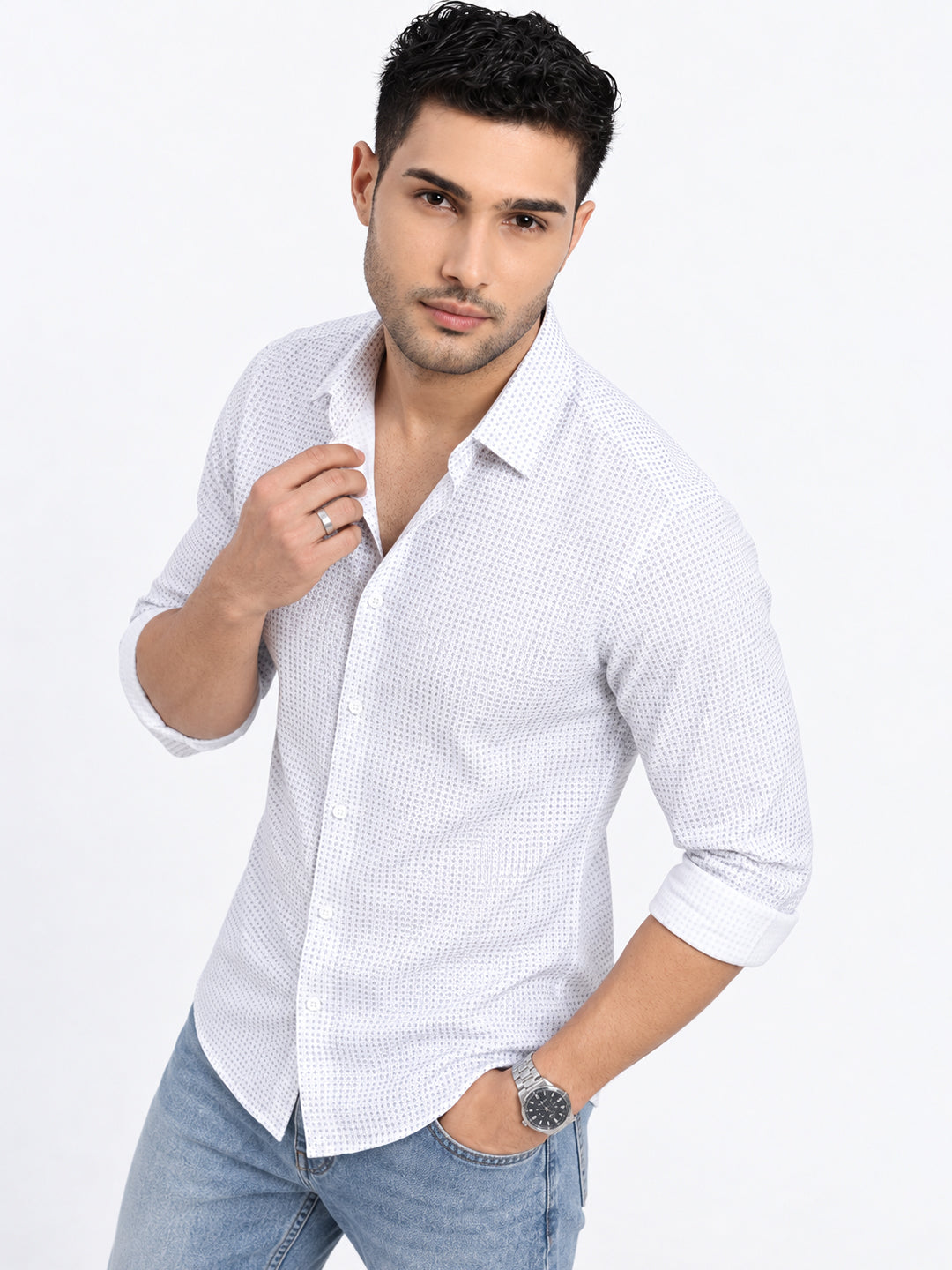 Men’s White Printed Slim Fit Long Sleeves Shirt
