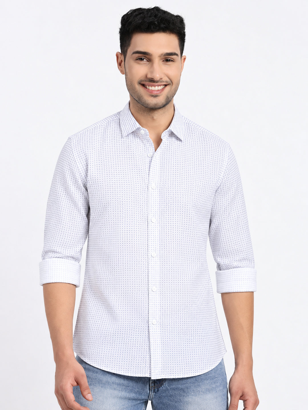 Men’s White Printed Slim Fit Long Sleeves Shirt