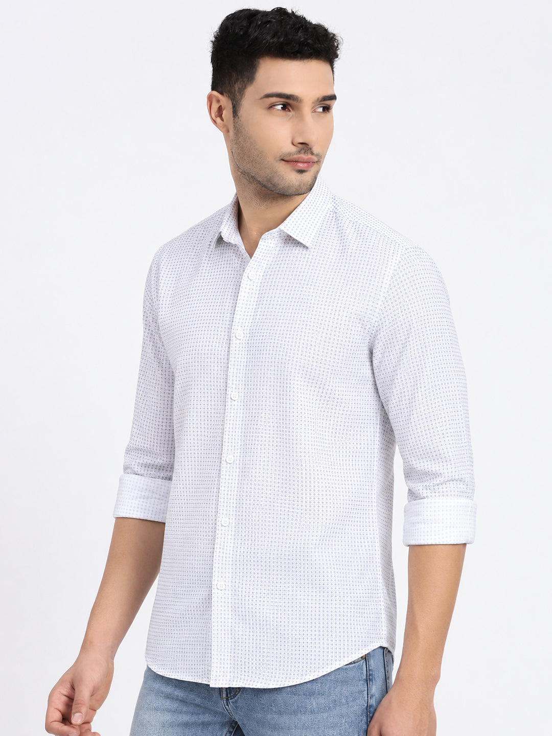 Men’s White Printed Slim Fit Long Sleeves Shirt