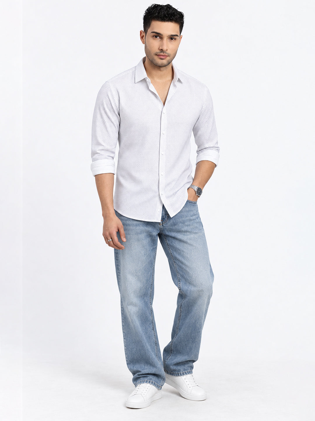Men’s White Printed Slim Fit Long Sleeves Shirt