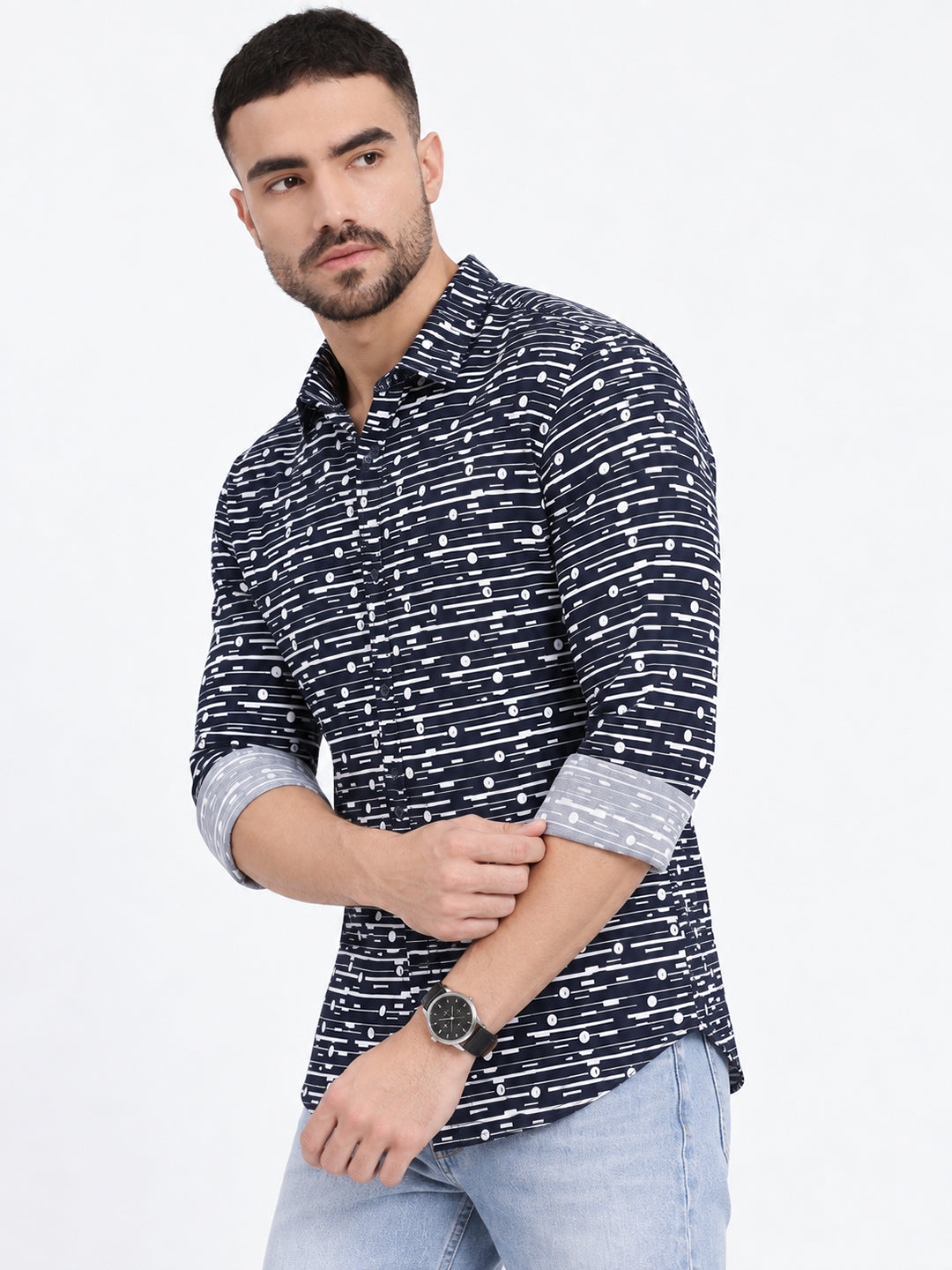 Men’s Geometric Printed Navy Blue Slim Fit Long Sleeves Casual Shirt
