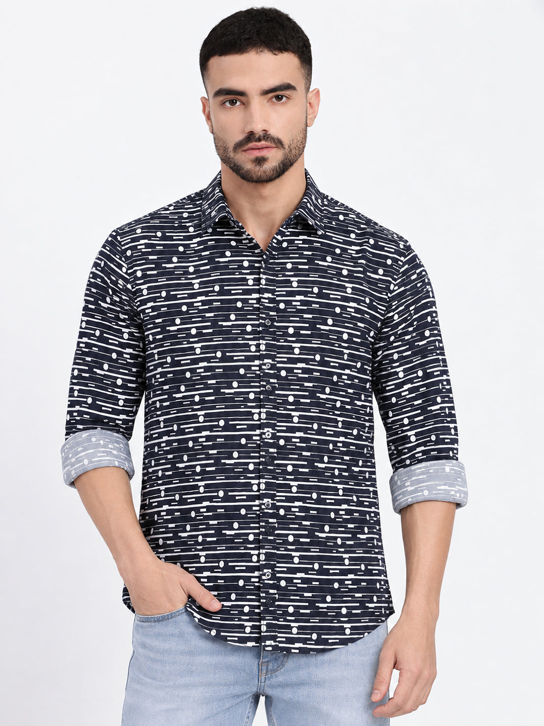 Men’s Geometric Printed Navy Blue Slim Fit Long Sleeves Casual Shirt