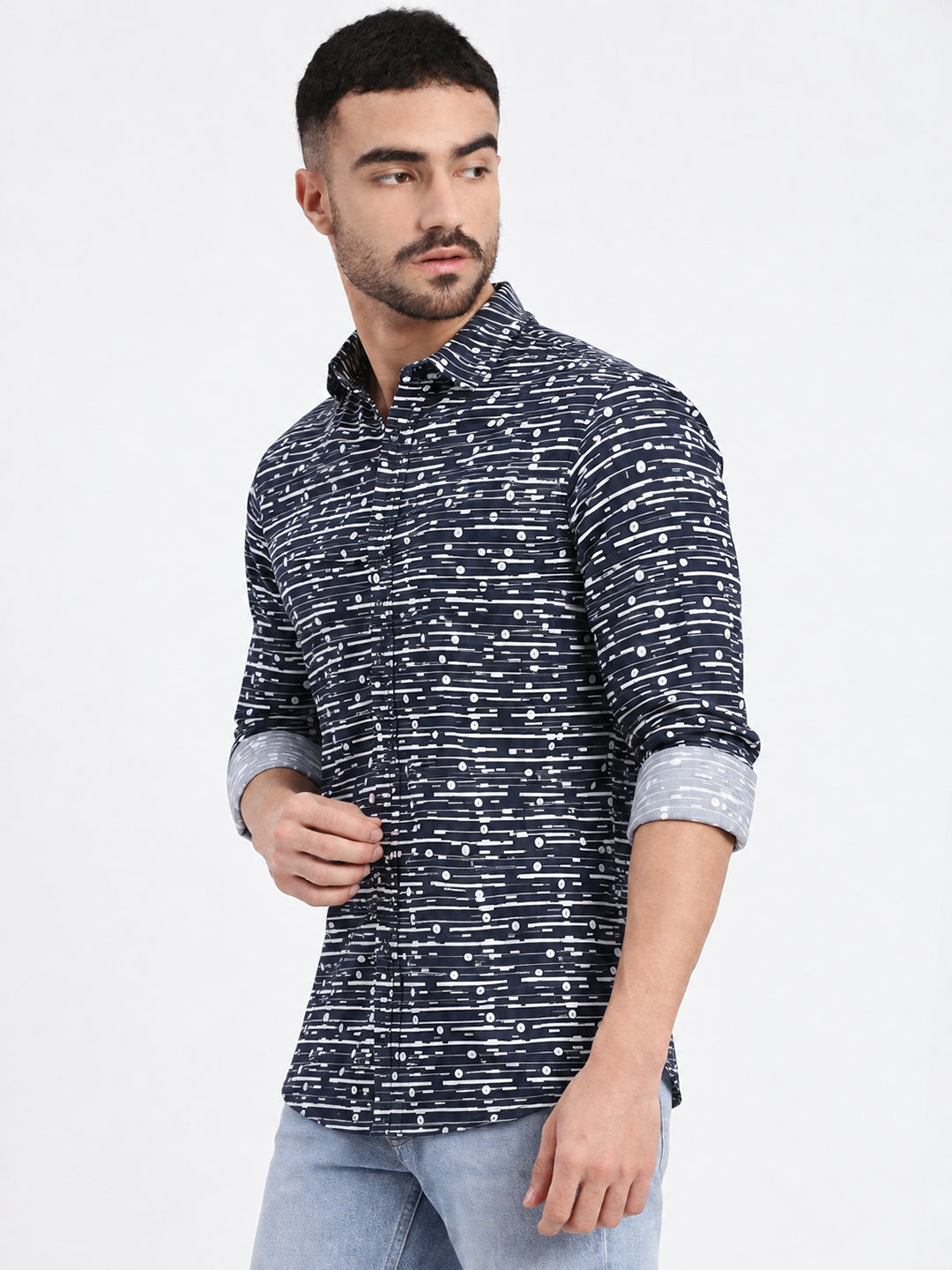 Men’s Geometric Printed Navy Blue Slim Fit Long Sleeves Casual Shirt