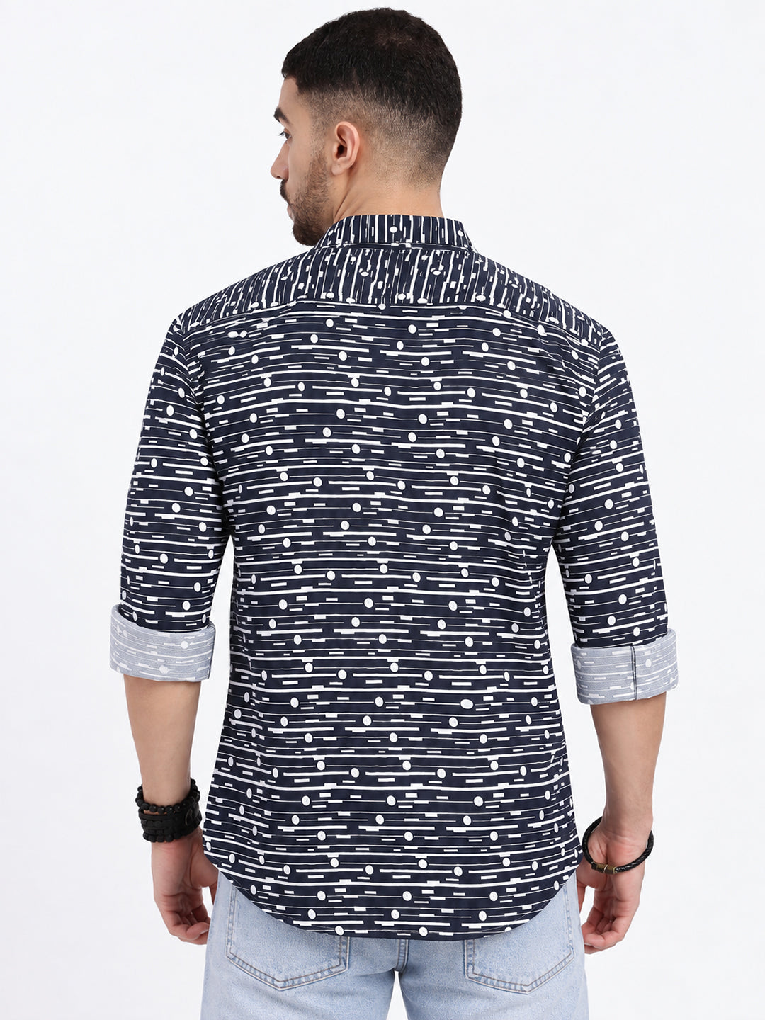 Men’s Geometric Printed Navy Blue Slim Fit Long Sleeves Casual Shirt