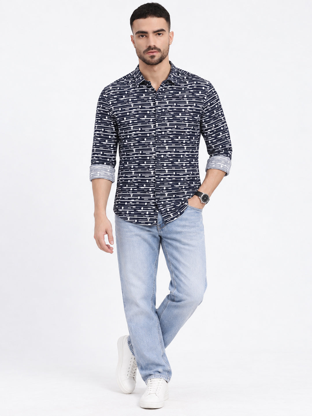 Men’s Geometric Printed Navy Blue Slim Fit Long Sleeves Casual Shirt