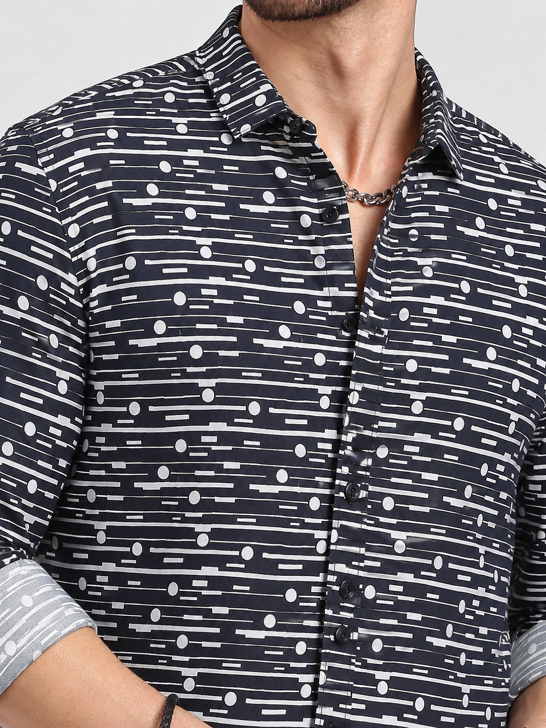 Men’s Geometric Printed Navy Blue Slim Fit Long Sleeves Casual Shirt