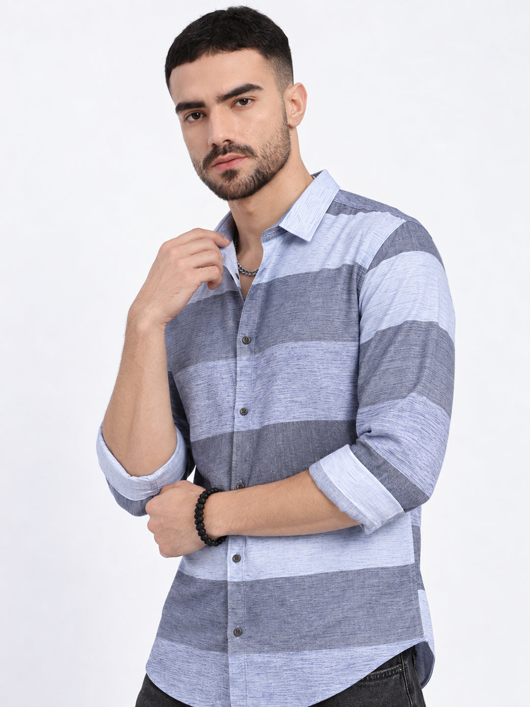 Men’s Striped Navy Blue Slim Fit Long Sleeves Shirt