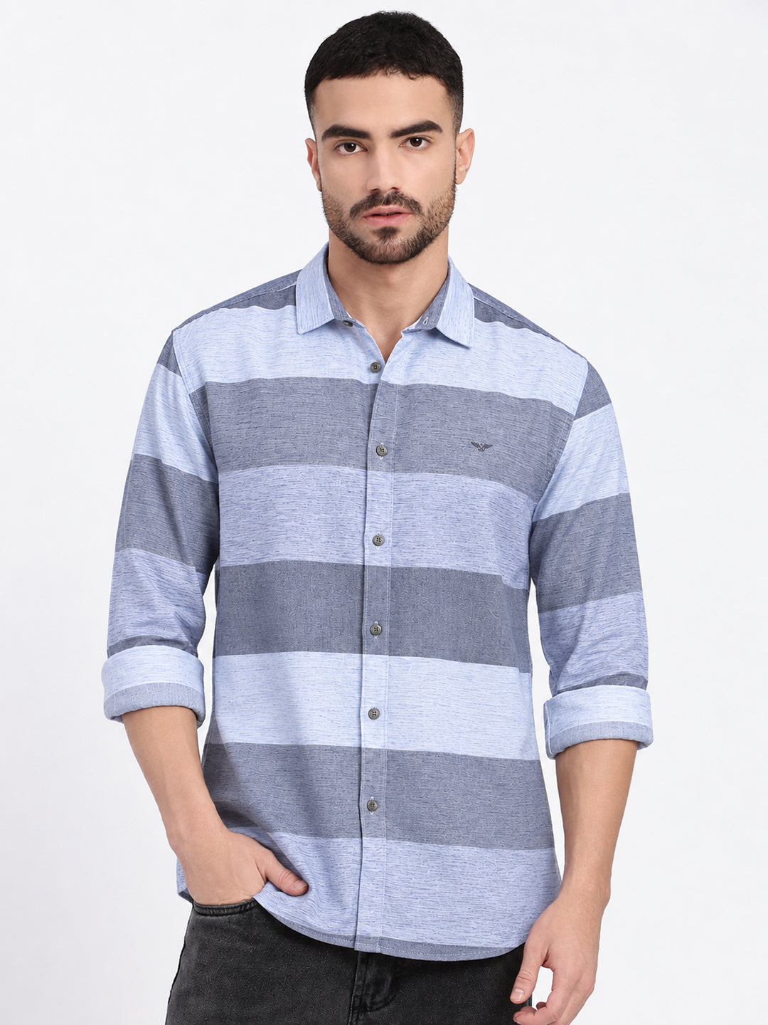 Men’s Striped Navy Blue Slim Fit Long Sleeves Shirt