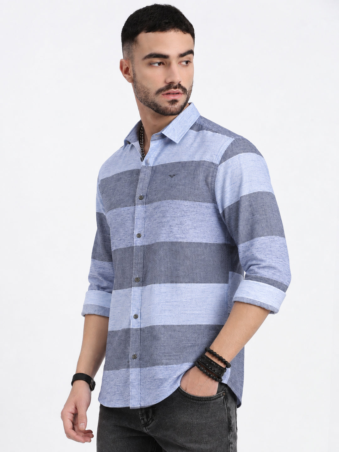 Men’s Striped Navy Blue Slim Fit Long Sleeves Shirt
