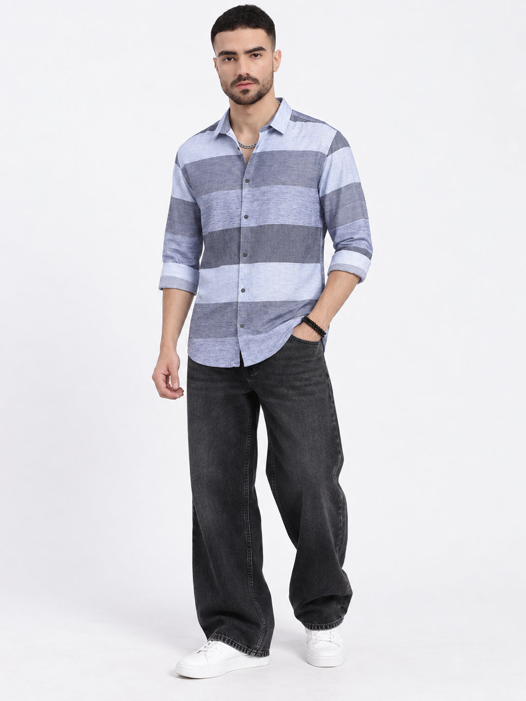 Men’s Striped Navy Blue Slim Fit Long Sleeves Shirt