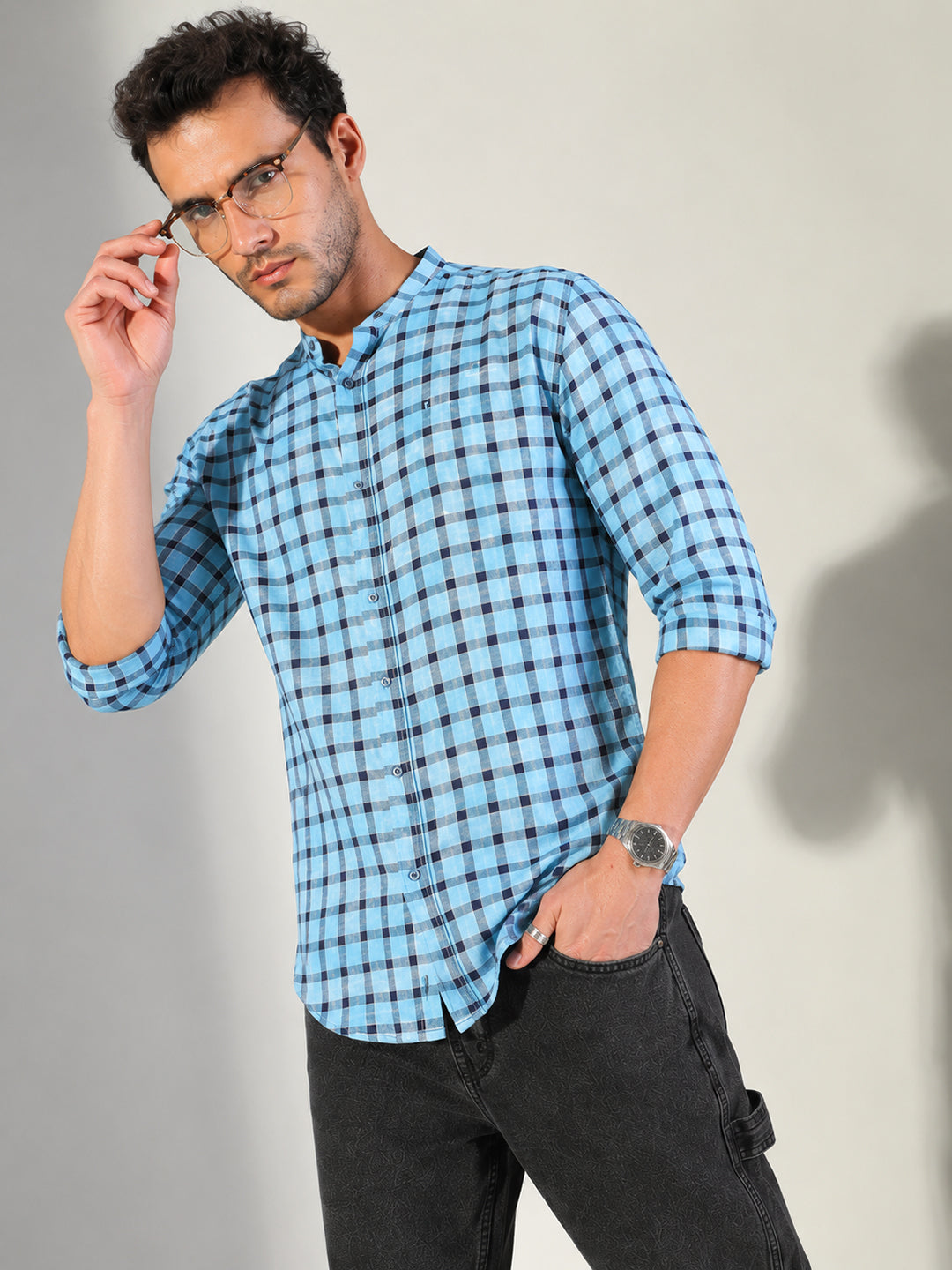 Men’s Checked Blue Slim Fit Mandarin Collar Long Sleeves Shirt