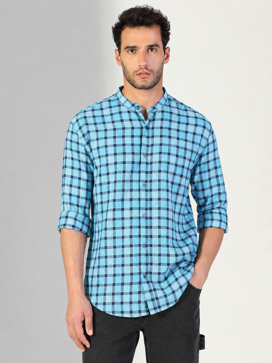 Men’s Checked Blue Slim Fit Mandarin Collar Long Sleeves Shirt