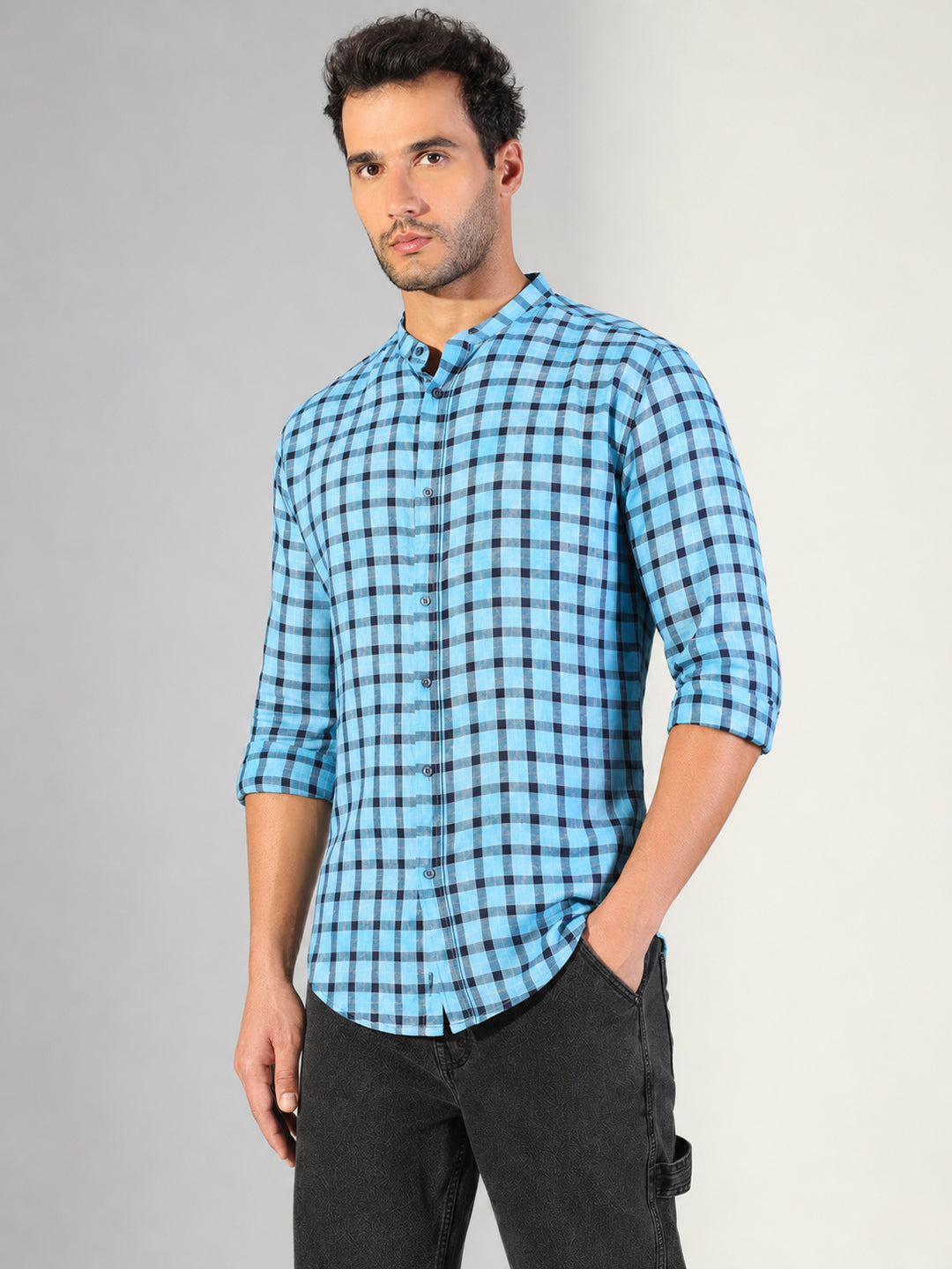 Men’s Checked Blue Slim Fit Mandarin Collar Long Sleeves Shirt