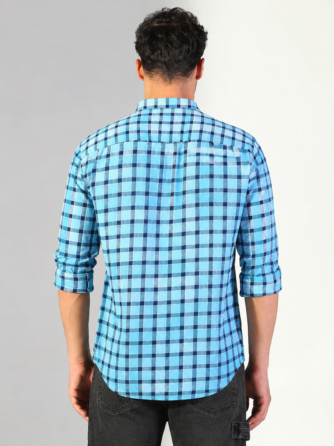 Men’s Checked Blue Slim Fit Mandarin Collar Long Sleeves Shirt
