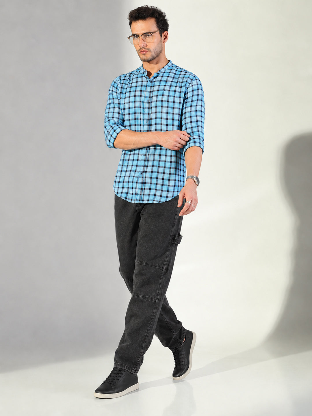 Men’s Checked Blue Slim Fit Mandarin Collar Long Sleeves Shirt
