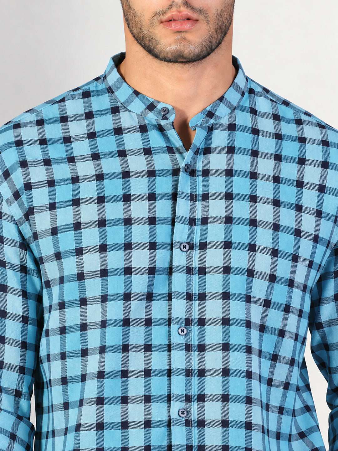 Men’s Checked Blue Slim Fit Mandarin Collar Long Sleeves Shirt