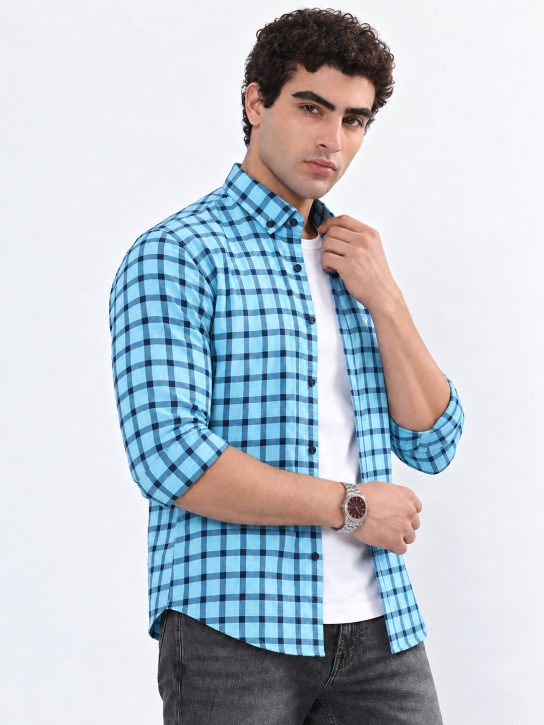 Men’s Gingham Checked Blue Slim Fit Spread Collar Long Sleeves Casual Shirt