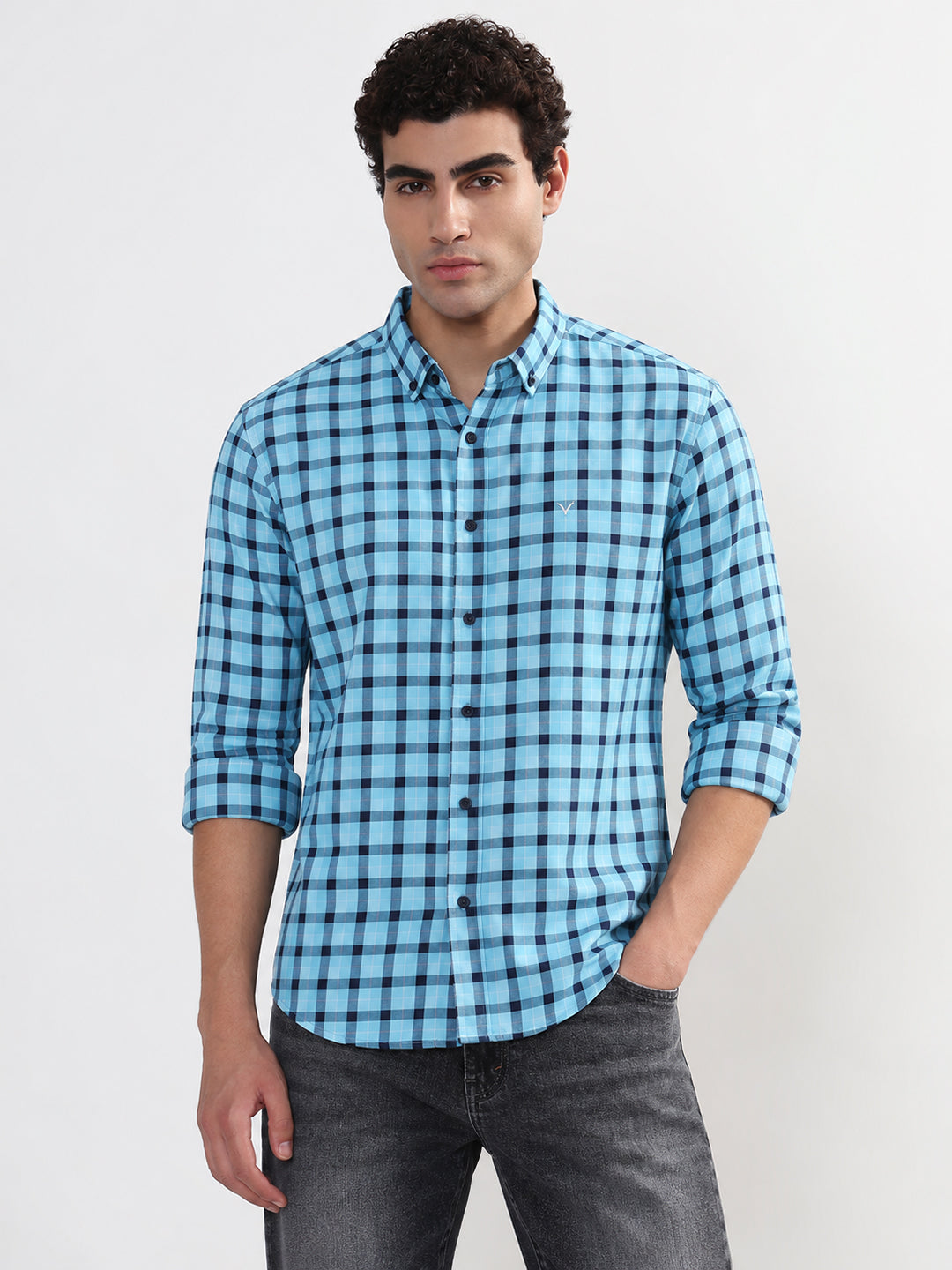 Men’s Gingham Checked Blue Slim Fit Spread Collar Long Sleeves Casual Shirt